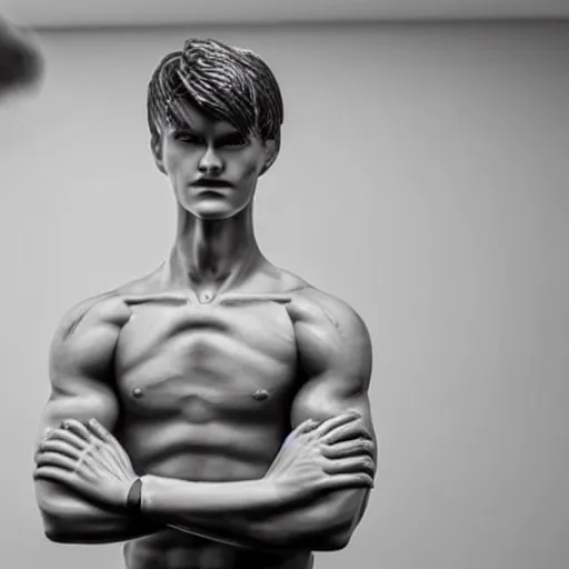 Image similar to a realistic detailed photo of a guy who is an attractive humanoid who is half robot and half humanoid, who is a male android, soccer player martin ødegaard, shiny skin, posing like a statue, blank stare, in a living room, on display, showing off his muscles, with a twin