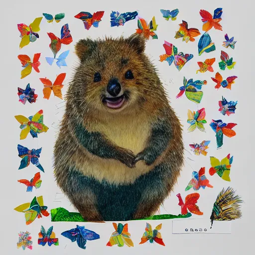 Image similar to detailed illustration, a portrait of a happy quokka on rotttnest island constructed from colored paper, collage, may gibbs, layered composition, layers, texture, textured, layered, sculpted, dynamic, 🦋,