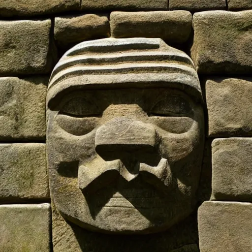 Image similar to intimidating olmec head carved into a mossy stone wall with ornate incan patterns