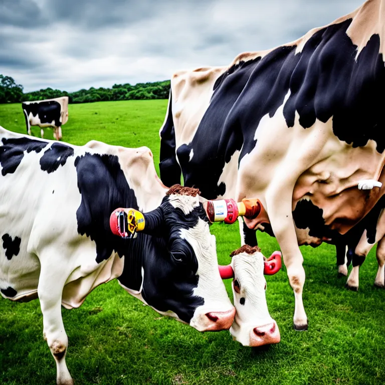 Prompt: homelander from the boys drinks milk from a cow, dslr shot