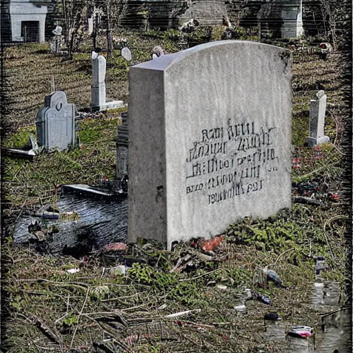 Image similar to dreadful, composed by ferdinand keller, by ron garney bauhaus, glitch art. the experimental art shows a grave that has been flooded with water. the grave is located in a cemetery in italy. the water in the grave is dirty & there is trash floating in it. the grave is surrounded by a fence.