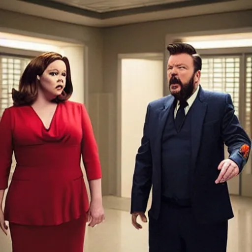 Prompt: cinematic still from a sci - fi absurdist comedy with ricky gervais as melissa mccarthy, dramatic