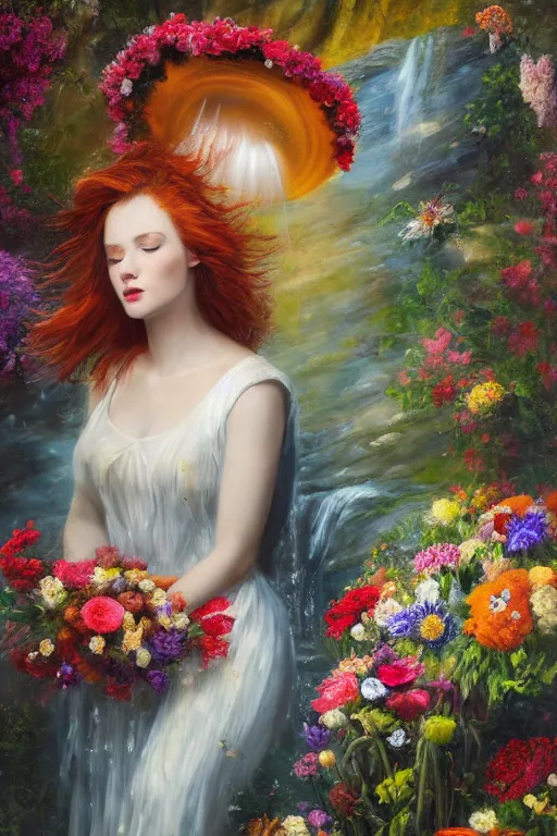 Image similar to oil painting, romanticism, redheaded girl wearing a hat of flowers and dress of fresh flowers, decorated with flowers, waterfall cave, roses, lilies, chrysanthemums, irises, water drops, water jets, overhead light, 4 k, 8 k