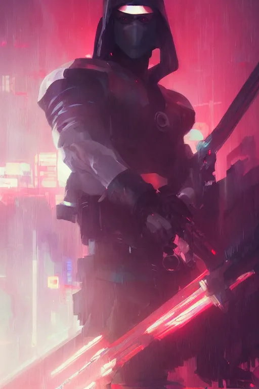 Image similar to portrait of ninja slayer, japan, neon lighting, night city, digital art from artstation by Ruan Jia and Mandy Jurgens and Artgerm and william-adolphe bouguereau and Greg Rutkowski