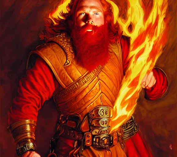 Image similar to The Fire King, beautiful young bearded ginger man, fire, flames, dramatic, hyperdetailed | donato giancola, ralph horsley, Artem Demura | waist-up portrait | dungeons and dragons