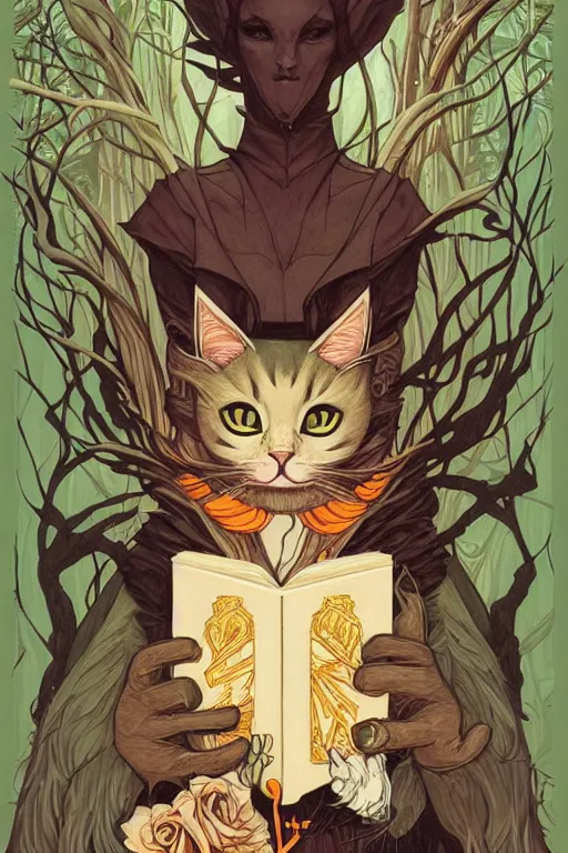 Image similar to concept art design illustration, forest, cat, witch, fantasy book cover illustration!!, 1 6 colors, logo, ink drawing, art by jc leyendecker and sachin teng