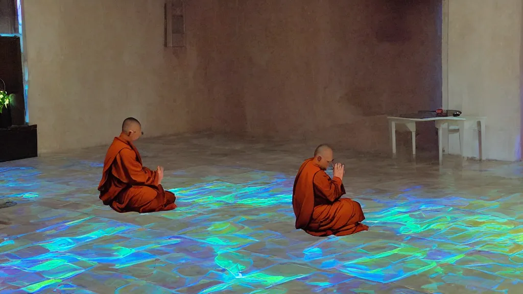 Prompt: a holographic of a monk praying while sitting down.