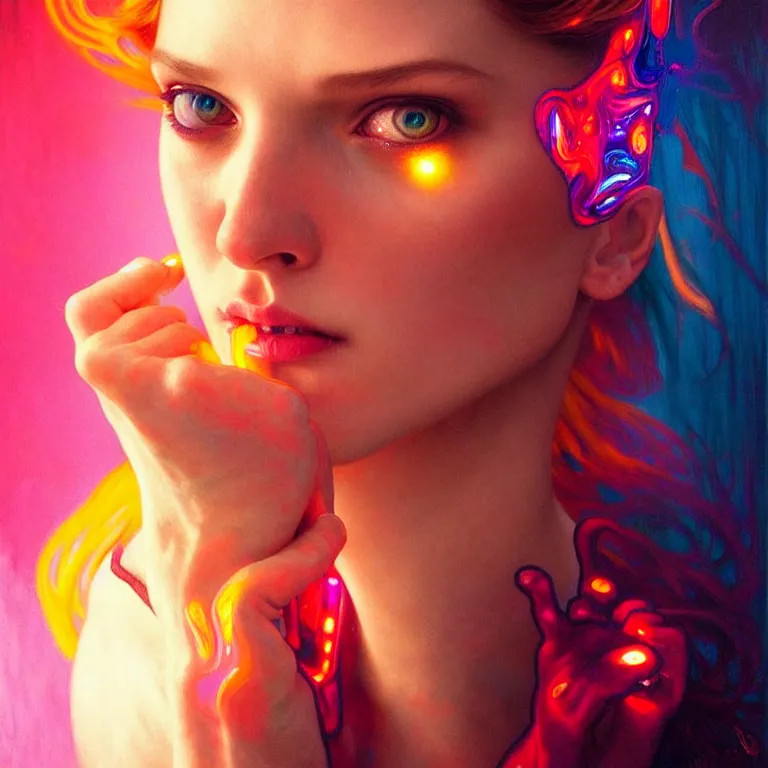 Image similar to bright asthetic portrait LSD glowing liquid, fantasy, intricate, elegant, dramatic lighting, highly detailed, lifelike, photorealistic, digital painting, artstation, illustration, concept art, smooth, sharp focus, art by John Collier and Albert Aublet and Krenz Cushart and Artem Demura and Alphonse Mucha