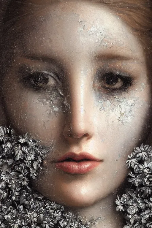 Prompt: hyperrealism close - up mythological portrait of a beautiful medieval woman's shattered face partially made of silver color flowers in style of classicism using the fibonacci golden ratio, pale skin, wearing black dress, dark and dull palette