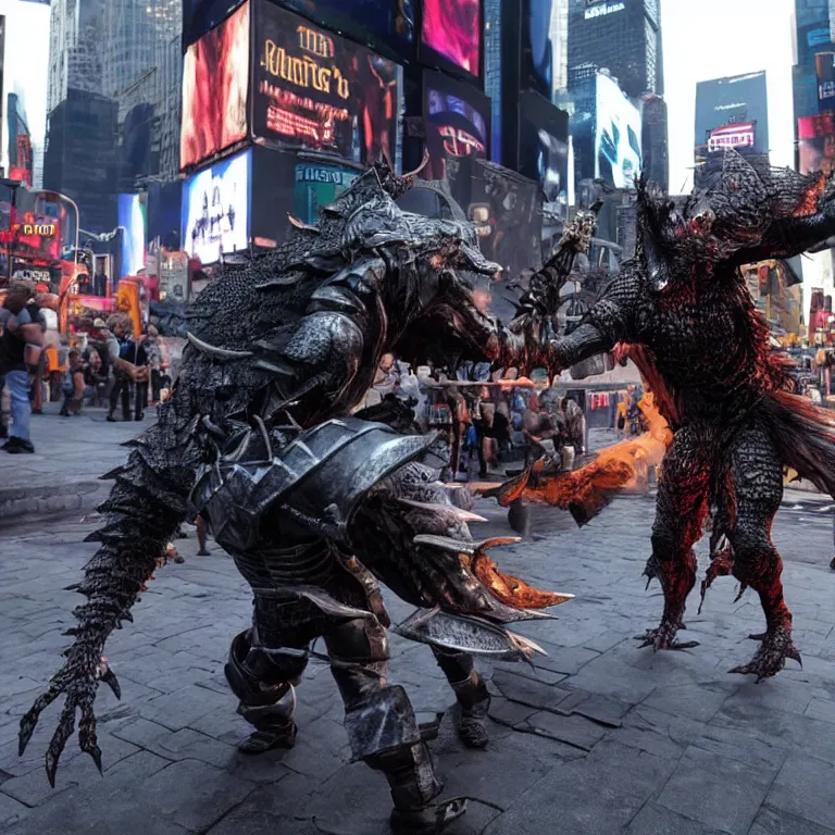 Image similar to A Dark Souls character fighting a scary monster in Times Square