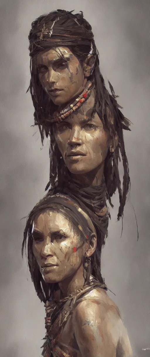 Prompt: A painting of a tribal woman trending on artstation in the style of Greg Rutkowski