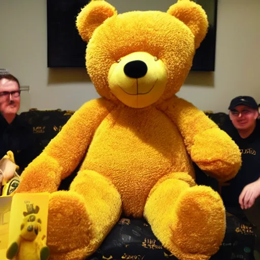 Image similar to a yellow teddy bear showing off a collection of nfts