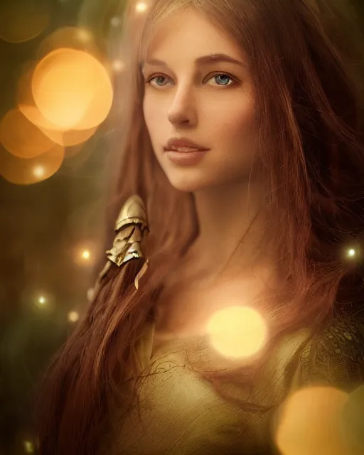 Prompt: A beautiful, fully clothed elven maiden; soft lighting; portrait by Craig Mullins; bokeh, 90mm, f/1.4