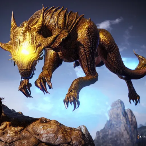 Image similar to dangerous creature, highly detailed, golden lighting, fantasy mmorpg, deviant art, lotr, eso, unreal engine 5,