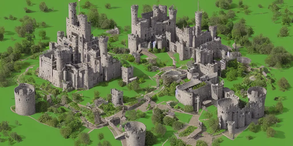 Image similar to medieval castle in a jungle with towers and moat, 3 d, isometric
