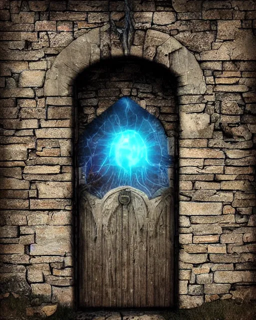 Prompt: ! dream a lovecraftian ghost realm doorway in the center of old stone wall photorealistic vivid