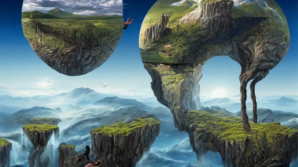 Image similar to surreal landscape with anthropomorphic!! terrain!!! in the styles of igor morski, jim warren, and rob gonsalves, intricate, hyperrealistic, volumetric lighting, serene, imaginative