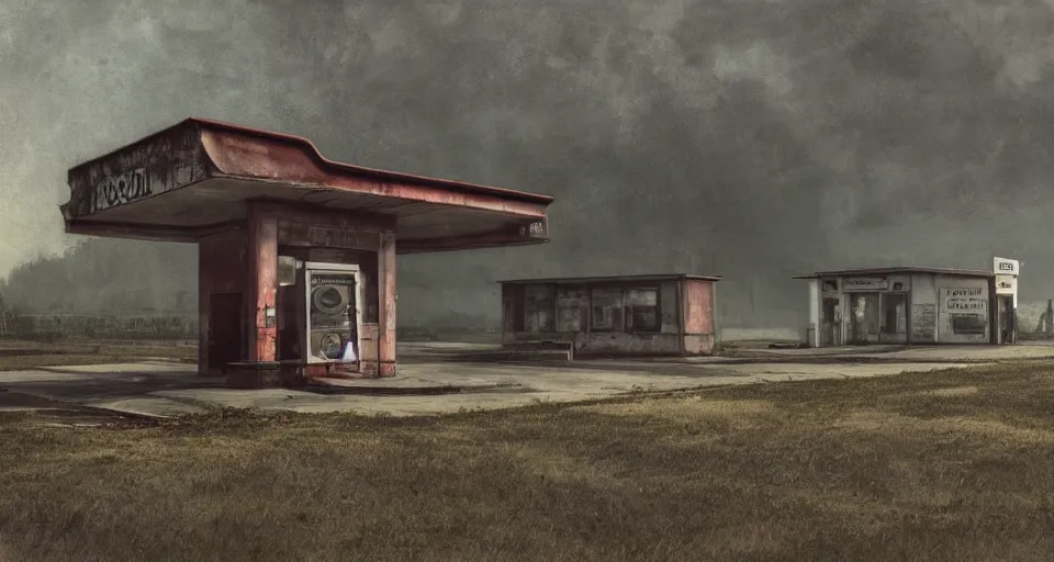 Image similar to Old abandoned gas stations on the side of the road to nowhere, evil, demonic, enchanting, misty, haze, cloudy, angelic, flowers, nature, environment concept, cinematic, cgsociety, dim and dark lighting, cinematic, intricate details, 8k detail post processing, hyperealistic, photo realism, by Edward Hopper