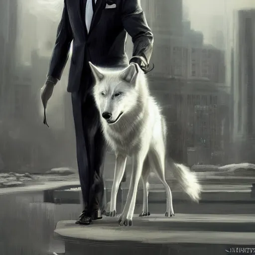 Image similar to a white wolf wearing a suit , dramatic lighting, cinematic, establishing shot, extremly high detail, photorealistic, cinematic lighting, artstation, style by James Gurney,