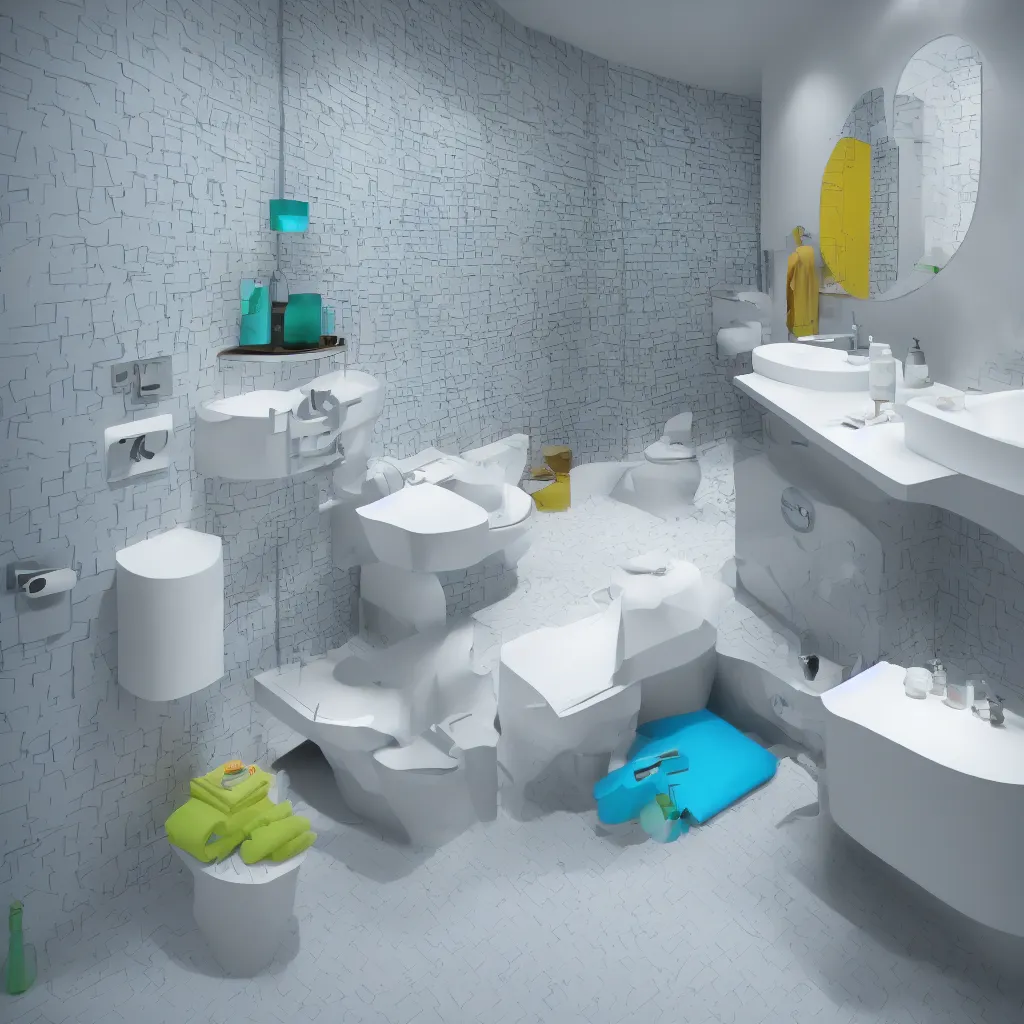 Image similar to colourful 3 d octane render ultra photorealistic hyper detailed isometric bathroom