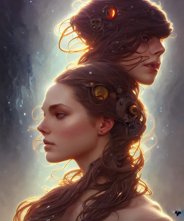 Image similar to nature woman portrait, sci-fi, amber eyes, face, long hair, fantasy, intricate, elegant, highly detailed, digital painting, artstation, concept art, smooth, sharp focus, illustration, art by artgerm and greg rutkowski and alphonse mucha