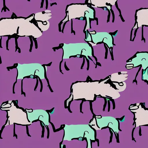 Prompt: a herd of sheep being herded by a cyberpunk cowboy Shepard, cyberpunk cityscape Purple mint teal orange green pink