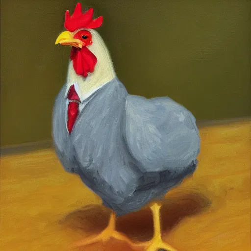 Image similar to a high quality photo of a chicken wearing a suit, impressionism, 8 k