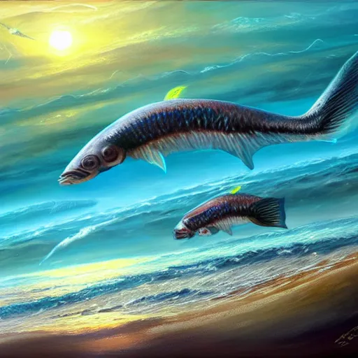 Image similar to Ocean with strange fish on planet Kepler-22-BKepler-22-B, oil Painting, ultradetailed, artstation, ultradetailed, digital Painting