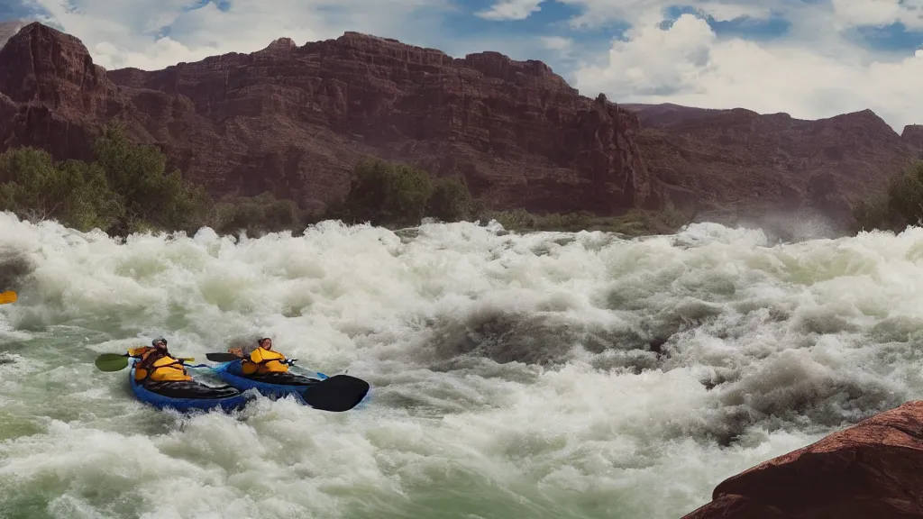 Prompt: a pair of kayakers shoot the rapids in the Colorado river, crashing waves, matte painting, wide shot, photorealistic, 4k