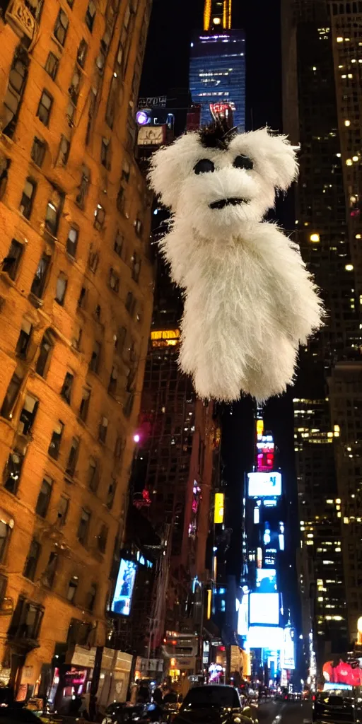 Prompt: fluffy puppet im new york at night with red lights as eyes