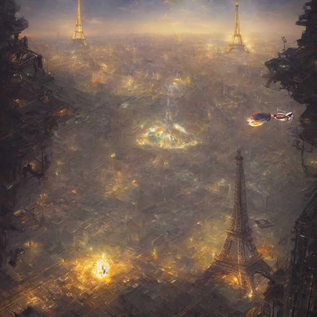 Image similar to tictac ufo crashing on the eiffel tower, hyper-realistic, Peter Mohrbacher Takayuki Takeya , dramatic cinematic lighting rendered by octane, 8k, photograph