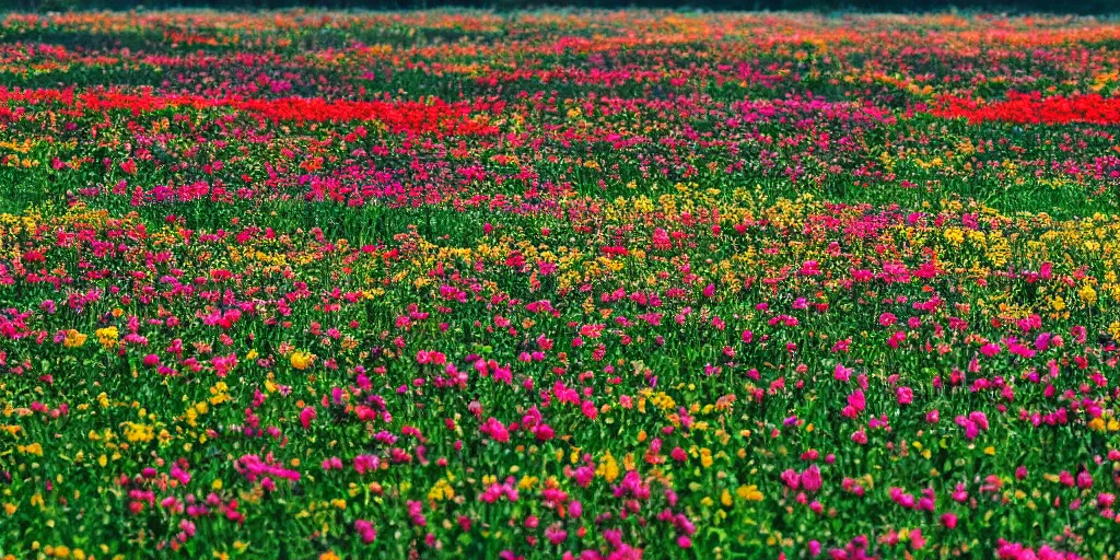 Prompt: on a sunny day, a field full of flowers, in the style of wes anderson