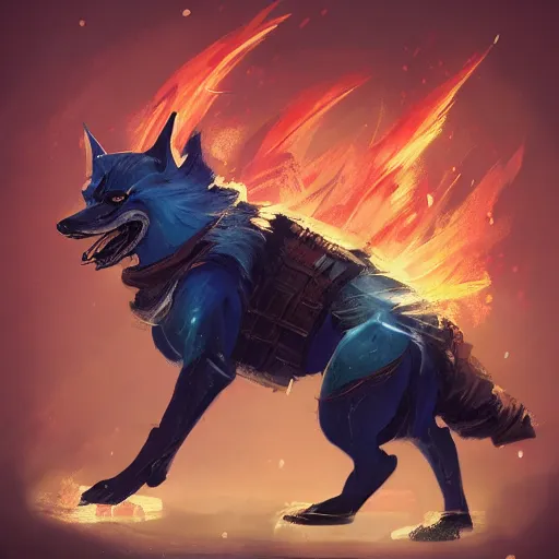 Image similar to anthropomorphic Azure samurai wolf, DnD character art portrait, fantasy battleground, raining, fire, oil painting, heroic pose, magic the gathering artwork, D&D, fantasy, cinematic lighting, centered, symmetrical, highly detailed, digital painting, artstation, concept art, chromatic aberration, post processing, smooth, sharp focus, illustration, volumetric lighting, epic Composition, 8k, art, DeviantArt, trending on Artstation, Jason Felix, Steve Argyle, Tyler Jacobson, Peter Mohrbacher, Akihiko Yoshida, Greg Rutkowski, Craig Mullins, Frank Frazetta, cinematic lighting