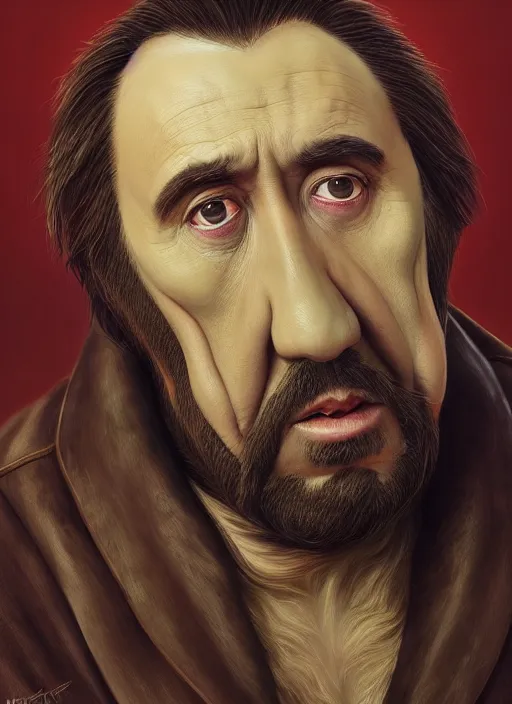 Image similar to portrait of walrus nicolas cage, highly detailed, centered, solid color background, digital painting, artstation, concept art, smooth, sharp focus, illustration, artgerm, donato giancola, joseph christian leyendecker, les edwards, ed repka, wlop