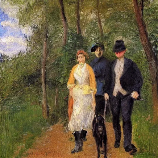 Prompt: painting of three women , a man and a dog walking in a forest. Impressionism.