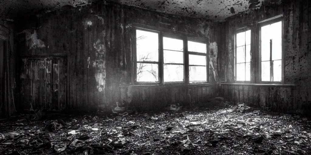 Image similar to a very dark room at night in a derelict house with no windows lit only by candlelight, black and white, grungy