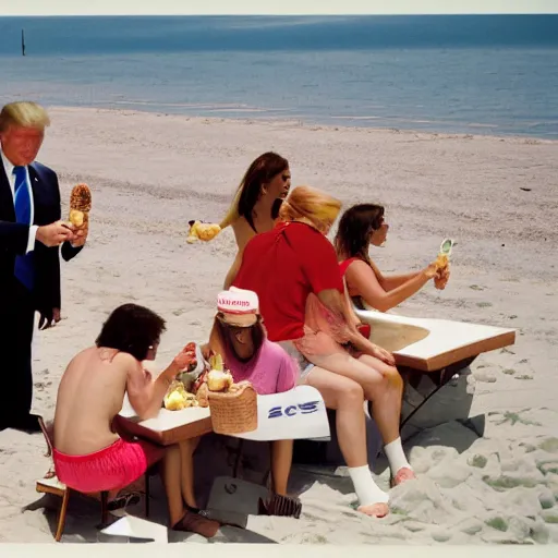 Prompt: Donald trump is having ice cream at the beach by martin parr. Color photography.