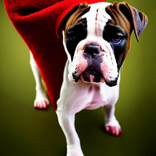 Image similar to portrait of american bulldog as afghan puppy, green eyes and red scarf looking intently, photograph by steve mccurry