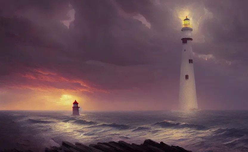 Image similar to painting of a lighthouse at sunset in a storm, natural light, concept art, by greg rutkowski, cozy atmospheric and cinematic lighting