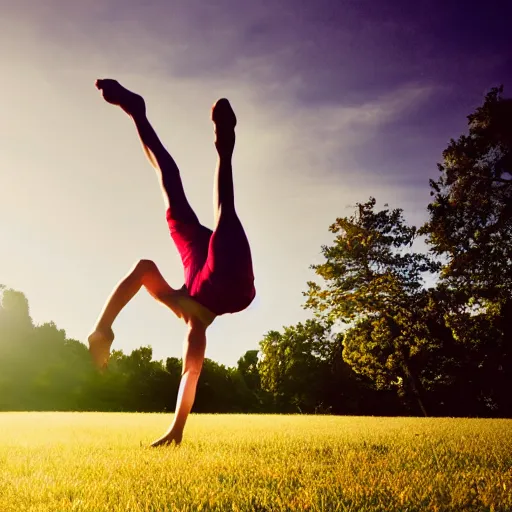 Prompt: an origami girl doing acrobatic contemporary dance, dramatic lighting, with bokeh effect in a sunny meadow