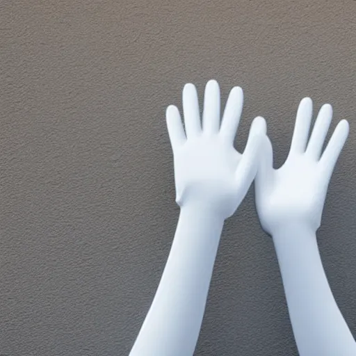 Prompt: a disembodied white gloved hand waving from behind a wall