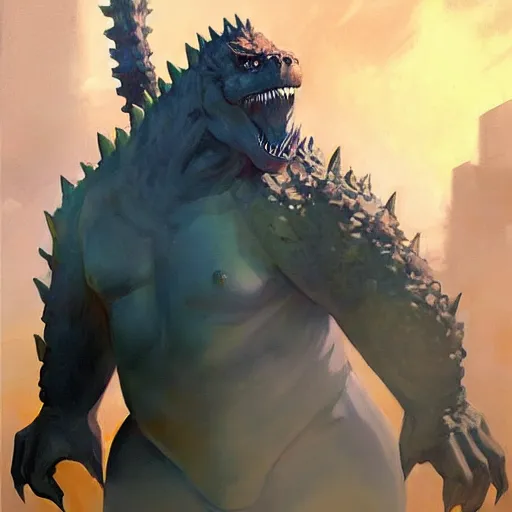Image similar to greg manchess portrait painting of godzilla as overwatch character, totally whack, medium shot, asymmetrical, profile picture, organic painting, sunny day, matte painting, bold shapes, hard edges, street art, trending on artstation, by huang guangjian and gil elvgren and sachin teng