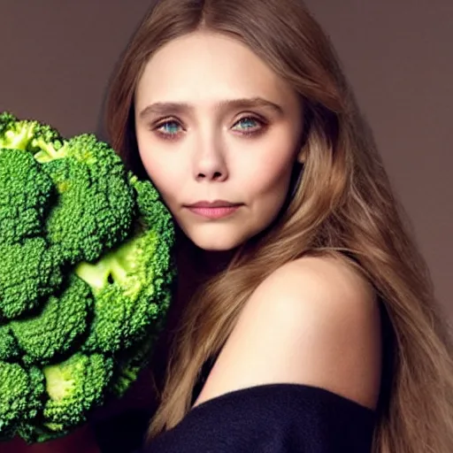 Image similar to elizabeth olsen has [ [ broccoli for a face ] ]!!, [ [ broccoli as skin ] ]!!, trending on cgsociety, 4 k quality, intricate