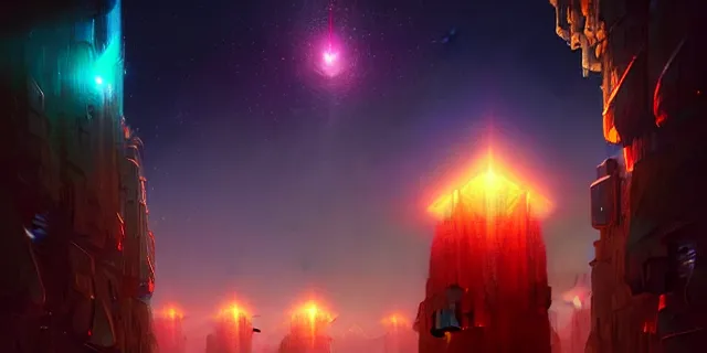 Image similar to a fleet of giant glowing futuristic cubes in the sky, a fantasy magical landscape seen in the distance, atmospheric lighting, intricate, volumetric lighting, beautiful, sharp focus, ultra detailed, in the art style of marc simonetti, bowater charlie and brom gerald, astrophotography