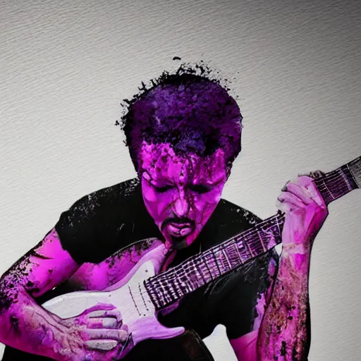 Prompt: dripping purple faded paint across the shape of a male human playing guitar, realistic, high detail, on a white damage background