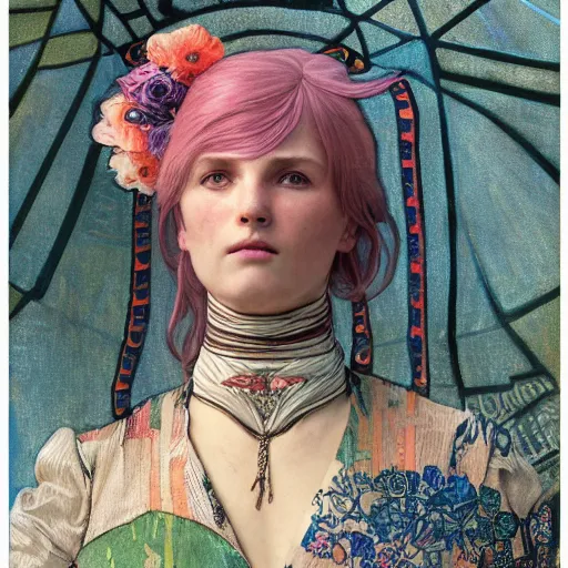 Prompt: a highly detailed portrait of a futuristic female assassin, neon colored floral pattern suit, beautiful detail and color, art by john collier and albert aublet and krenz cushart and artem demura and alphonse mucha, volumetric lighting, octane render, 4 k resolution, matte, sharp focus, illustration, art by jacque - louis david, baroque style