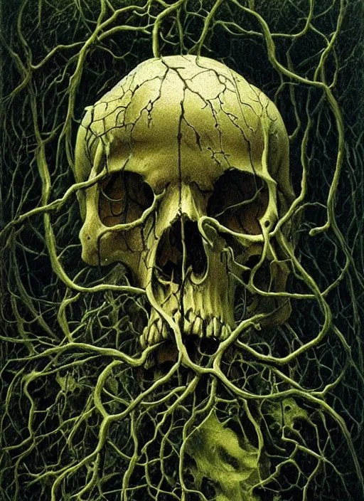 Prompt: skull, ivy, death, intricate detail by zdislaw beksinski