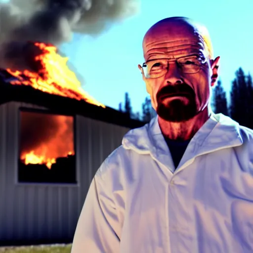 Image similar to a photo of walter white standing in front of a building on fire, highly detailed, 4 k