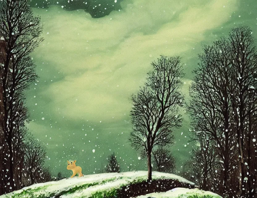Image similar to lush green chia pet animal frolicking in snowy woods, stormy skies. russian fairytale art, gouache, dynamic composition, backlighting