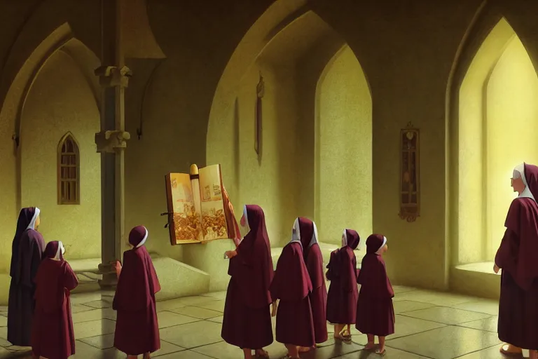 Image similar to baroque oil key visual environment concept art of nuns preaching to children at a world heritage monastery year 1 2 0 0, brutalist, dark fantasy, rule of thirds golden ratio, fake detail, trending pixiv fanbox, acrylic palette knife, style of makoto shinkai studio ghibli genshin impact jamie wyeth james gilleard greg rutkowski chiho aoshima